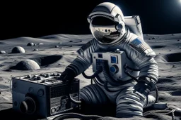 Un astronaute heavy metal écoute la radio sur la lune. La terre explose en arrière plan.