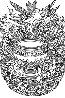 Outline art for coloring page, AVANT GARDE DRAWING TEACUP SET IN A GARDEN, coloring page, white background, Sketch style, only use outline, clean line art, white background, no shadows, no shading, no color, clear