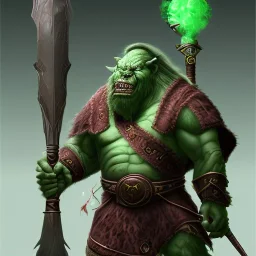 orc mage, Height 200cm, Weight 150kg, Skin color green, Has predator-like eyes, fangs, and claws. He holds an magic cane with both hands. He kills humans with ferocious accuracy. Intelligence is that of a human child. Wears robes of crude cloth