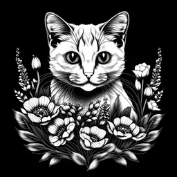 colorless cute sand cat between seeds and big flowers black background .black and white colors. easy for coloring . with grayscale