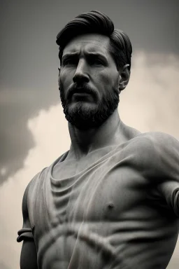 Ultra Realistic image, classical renaissance marble marble sculpture, marble material, Lionel Messi, waist up portrait, epic, celestial, cinematic lighting, God light, god rays, 4k resolution, smooth details, ornate details, soft lighting, unreal engine 5, sky background.