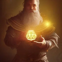 Insanely detailed photograph of an “D&D twilight cleric holding glowing D20” with intricate detailed beard, intricate clothing, hyperdetailed painting by Ismail Inceoglu Huang Guangjian and Dan Witz CGSociety ZBrush Central fantasy art album cover art,8K, hdr, mysterious, flickeringlights ,Stoic