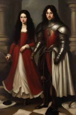 Oil painting Knights and princess wearing a dark red dress and long black hair