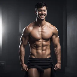 Hyper realistic Extremely Handsome shirtless with short black hair muscular man smiling standing in a black towel in a dark room