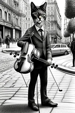 One single mature cat playing violin on the street, Vienna, smiling, model style, hyper realistic, extremely accurate, delicate, extremely detailed, Graphic novel style, wide-angle, open aperture, superfine pencil