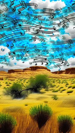A white cloudy sky with icy music notes designed in Navajo baskets painted by Claude Monet