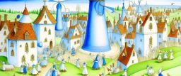 A white village with a windmill festival painted by the Limbourg brothers