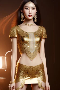 Beautiful perfect Portrait lady, chunyu full body shot, full-color long shot skin-tight ornate gold filigree sheer crop top Tshirt and silver leather miniskirt positive space detailed hyperdetailed insane masterpiece picture of the day