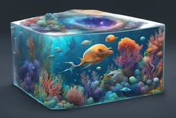 hyperrealistic, 4k, box for storing things with beautiful drawings a lot of colours, very detailed, subnautica, sea plants, planets space, galaxies,