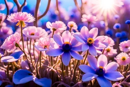 Magic gardens with pink anemone, parma or blue light effects colors, sun, realistic, beautiful blue windflowers, spring, high contrast, 8k, high definition, concept art, sharp focus