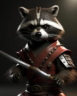 raccoon as a samurai, realistic, 2 katanas