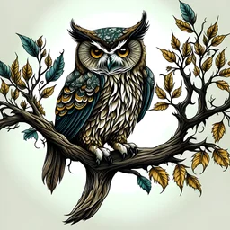 mystical owl tattoo idea perched on a tree branch full body head on front view