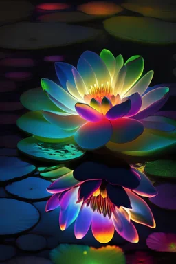 Glowing rainbow lily pad flower at night