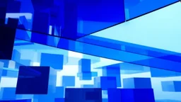 Arquitectura de planos flotantes: una serie de planos de vidrio azul cobalto translúcido intersecando volúmenes cúbicos de metal pulido, suspendidos en un vacío difuso, luz ambiental suave.