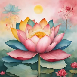 Draw me a harmonious picture that combines 5. **Lotus flower**: a symbol in Buddhism, representing purity, enlightenment and rebirth. in the following colors: - Forest green - Red berries - blue sky - Sunny yellow - Soft pink in style These harmonious color palettes combine natural tones with artistic tones to create a cohesive and visually engaging fusion of nature and art. Experiment with these color combinations in your artwork or design projects to evoke a sense of balance