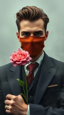 Van Gogh styles , a handsome gentleman covering his face with a mask ,front view holding a flower and give it to you looking at you In foggy smoky background