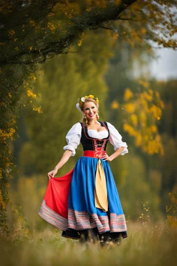 fullbody oktoberfest lady, outdoor folk dancer in countryside