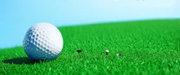 golf ball with shadow next to the hole, ground is short groomed green grass, clear blue sky, add texture and depth, realism