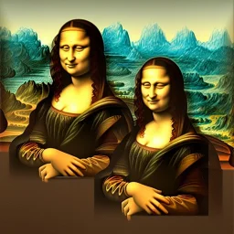 Mona Lisa painting a portrait of Leonardo de Vinci