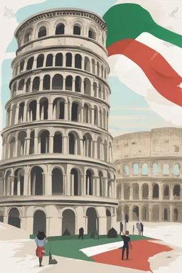 Imparare l'italiano. Gli studenti imparano la lingua, mentre dietro sullo sfondo l'alfabeto italiano. Torre Pendente di Pisa, Colosseo e bandiera italiana.