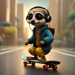 Cute little humanoid meerkat with headphones, riding action with a skateboard in the city, unreal engine, cozy indoor lighting, artstation, high detailed, digital painting, cinematic, character design by mark ryden and pixar and hayao miyazaki, unreal 5, daz, hyperrealistic, octane render