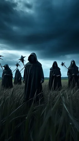 A group of scary large black hooded evils figures with glowing white eyes looking at you in the background and out of this world galaxy in a blue and gray cloud of stormy weather a many sticks fixed ultra hi quality picture with cinematic science, tragedy, a small black birds far in hovering in the horizon in the big field of grass near front view