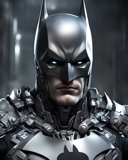 batman as a futuristic Soldier wearing advanced titanium and stainless steel cybernetic and the mouth is protected by a layer of titanium full suit concepts