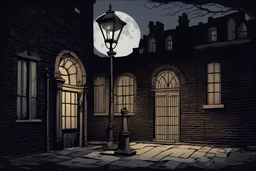 A chillingly eerie cartoon-style image of courtyard, , moonlight, lamppost, london, victorian brick,
