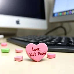 classic conversation hearts candy on a cubicle work desk table, one at the front reads "404 Love Not Found", background is a desk with a keyboard and a computer screen