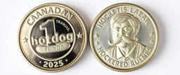two sides of the coin with an emblem of "1hotdog Funds" with the year 2025, and the Canadian Lonnie Bigalow messed up hockey mustache man