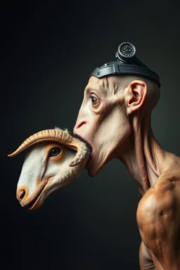 ("yummy yummy")side profile, with heading (autofarm) in poster form,a portrait of a very very skinny head mechanic sheepman, man is eating a hybrid mixed body part sheep, giant eyes sheep alien style H.R giger look. as one headed mouth open, rough teeth, turn head, (&*&*^%$^#%$#%$^%$#^#$#^%#$^$#&#^46747854784846857
