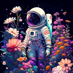 "floral astronaut" hand-drawn digital art, flowers everywhere, colorful garden, beautiful galaxy, REALISTIC, anime, 4k, high resolution, full details, 2560x1600