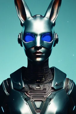 Medium Close Up Portrait, Front image. cyberpunk, rabbit mask, teenager, blonde woman, cyber helmet head. Titanium dress. White, blue, color. Steampunk style. renaissance ornaments, Color background, photo studio. Front image, highly detailed, concept art, smooth, unreal engine 5, ray tracing, RTX, lumen lighting, ultra detail, volumetric lighting, 3d, finely drawn, high definition, high resolution.