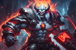 Huge Sion 8k sci-art drawing style, white ghoul, Jaw iron, big muscles, huge hatchet, league of legends them, neon effect, apocalypse, intricate details, highly detailed, high details, detailed portrait, masterpiece,ultra detailed, ultra quality