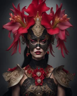 Voidcore shamanism woman portrait adorned with voidcore samanism red and black gladiolus headdress wearing metallic irridescent bioluminescense red and vantablack decadent filigree Golden floral embossed gladiolus dress armour ribbed with mineral stones wearing half face metallic rococo masque organic bio spinal ribbed detail of transculent metric pearl shell colour petals glittering Extremel detailed hyperrealistic maximálist concept portrait art