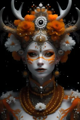 Woman humanoid reindeer queen portrait with extremely textured skin and Golden dust white floral crown and fur, adorned with white and light ginger berry colour snowy leaves and snow flblack. Orchid with small seapearls ornate crystal lace, wearing pearl black lace effect Halloween costume and masque Organik bio spinal ribbed detail of snowy orange candle athmoshpheric full. Ornate floral background white spider web and a pumpkin around extremely detailed hyperrealistic maximálist concept ar