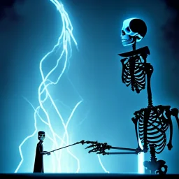 The Grim Reaper and the Skeleton in Tron world, discussing the future of the universe, art by Magritte and Pixar