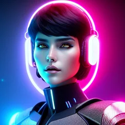 Úrsula Corberó, Cyborg anime warrior, cyberpunk, light black short hair, pixie hairstyle, cobalt eyes, waist up portrait, 8k resolution, retroanime, intricate details, neon details, soft lighting, vibrant colors, masterpiece, intricate eyeliner, dark eyeshadow, eyes, intricate tattoos, gradient background