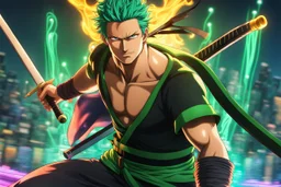 Zoro in 8k 2D anime realistic drawing style, close picture, fantasy, neon, highly detailed, high details, detailed portrait, masterpiece,ultra detailed, ultra quality
