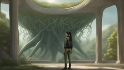 floating alien jellyfish, rampant foliage, and vines, inside a vaulted alien building, woman with black hair in a ponytail, in camouflage trousers and jacket, photorealistic, Intricate Detail, sunny day