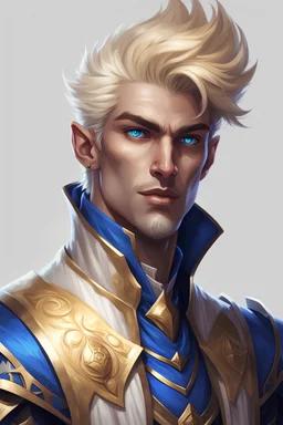 A human D&D character. Celestial warlock with blone quiff hair. Deep blue eyes. Strong jaw and dimple. Handsome, but masculin face. The cloths color palettes is golden, white and blue.