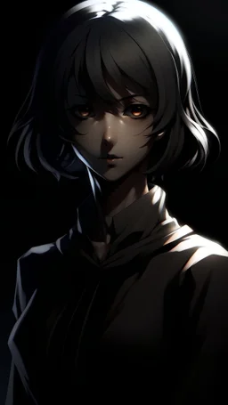 Realistic anime art style. A completely dark shadow adult female humanoid figure. No features apart from very basic aspects are seen.