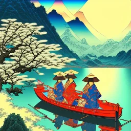 Ukiyo-e styled art, stream, mountain, sun, family on a boat