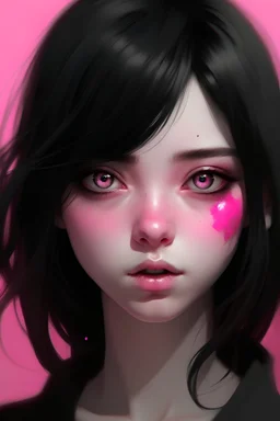 girl with black hair and pink eyes