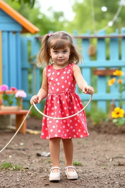 a pretty 5 years old girl with blue eyes and nice dress and shoes skipping rope in children play garden