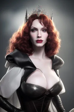 Christina Hendricks as evil queen in black leather gown, cleavage, angry, unreal 5, octane render,cinema4d, dynamic lighting, dramatic lighting, 4k, redshift render, highly detailed, hyper realistic