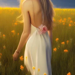 woman, blonde, flower field, sunset, back view, plain long light brown dress, windy, flower in hand