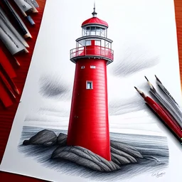 A metallic colored pencil drawing of the red lighthouse Sletringen Lighthouse in Norway