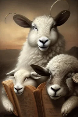 one black sheep reads a book on other site white sheep herd sleep going down