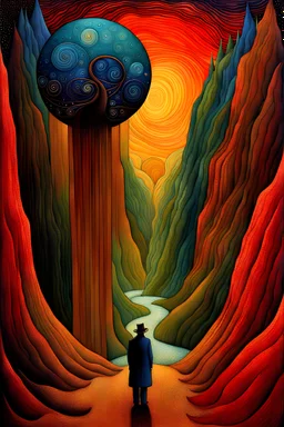 by Bill Carman, deep rich colors by Gustav Klimt, magic lighting, abstract surreal alien galaxy splash swirly textured mountains landscape, waterfall, surreal alien trees, plants, galaxy cosmos, alone man walking illustration, amazingly beautiful fantasy surreal art by Bill Carman, Rene Magritte, Gustav Klimt